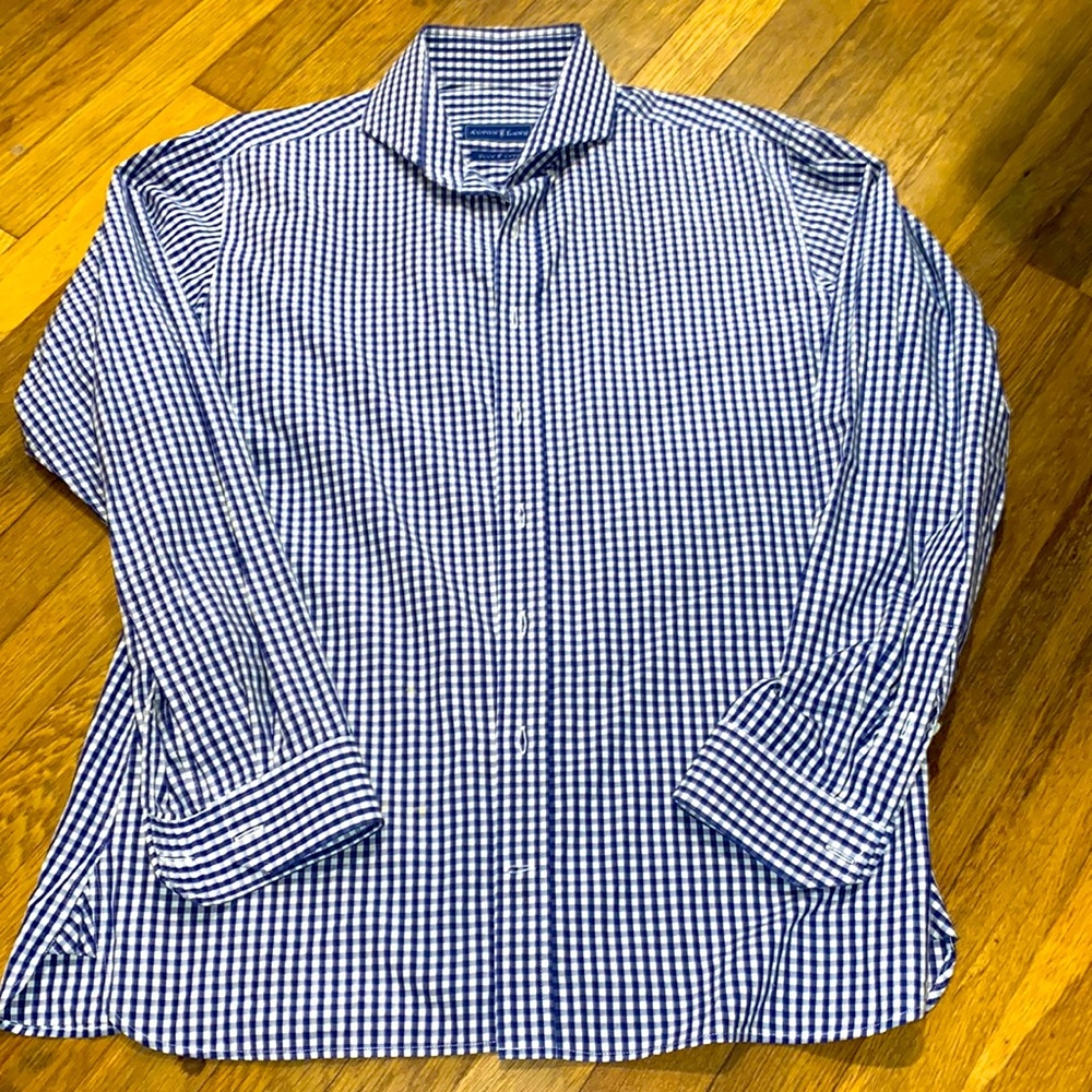 Alton Lane Mens shirt. Size 15 1/2 x32/33. Blue and white plaid.